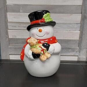 Cookie Jar Snowman & Teddy Bear Christmas Holiday 9" Tall | Sleigh Bell Bistro